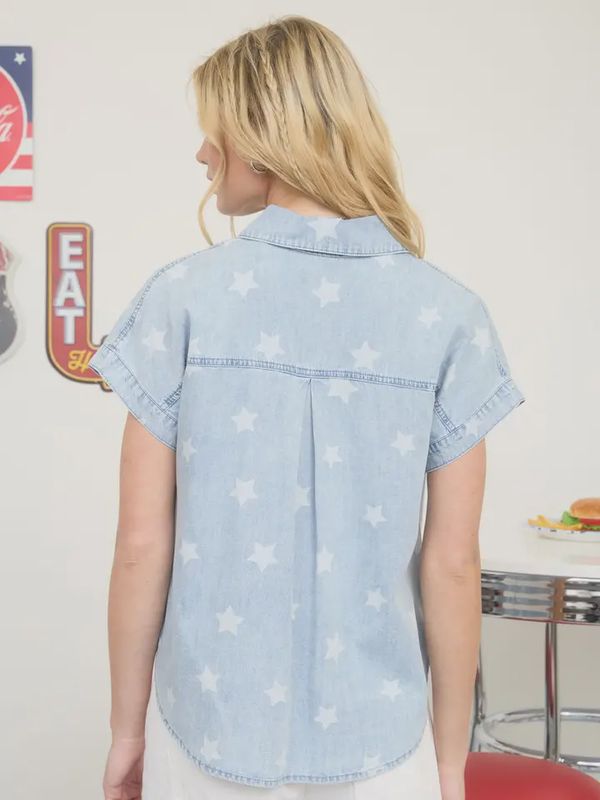 Washed Denim Star Pattern Collared Shirt