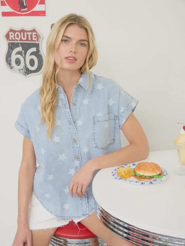 Washed Denim Star Pattern Collared Shirt