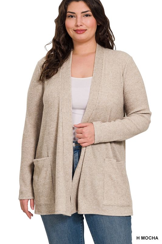 Plus Heather Ribbed Sweater Open Front Cardigan