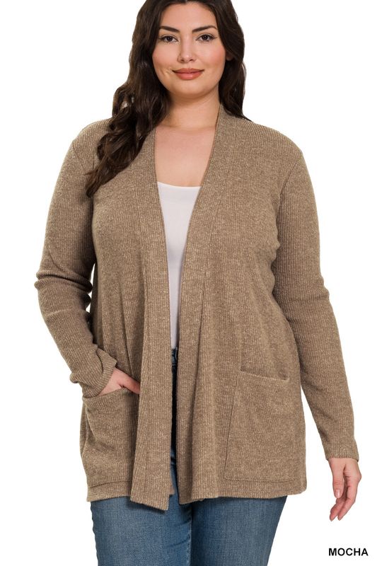 Plus Heather Ribbed Sweater Open Front Cardigan