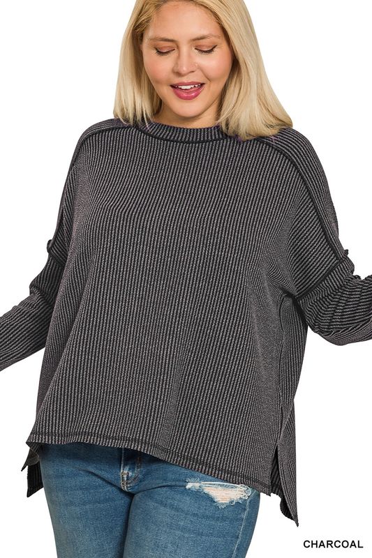 Plus raised rib raw edge boat neck long sleeve top