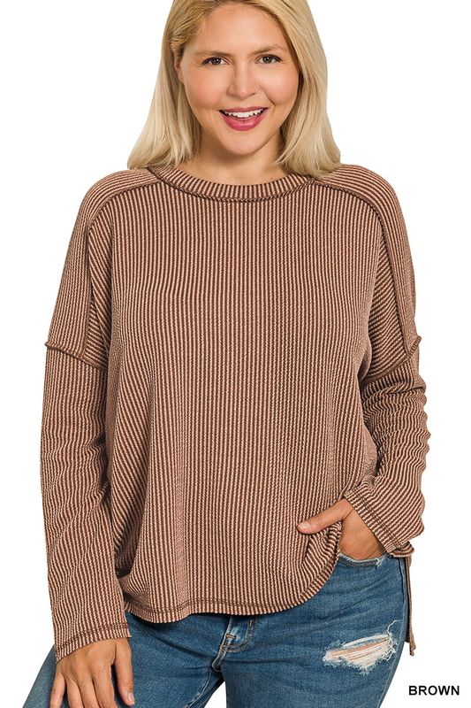 Plus raised rib raw edge boat neck long sleeve top