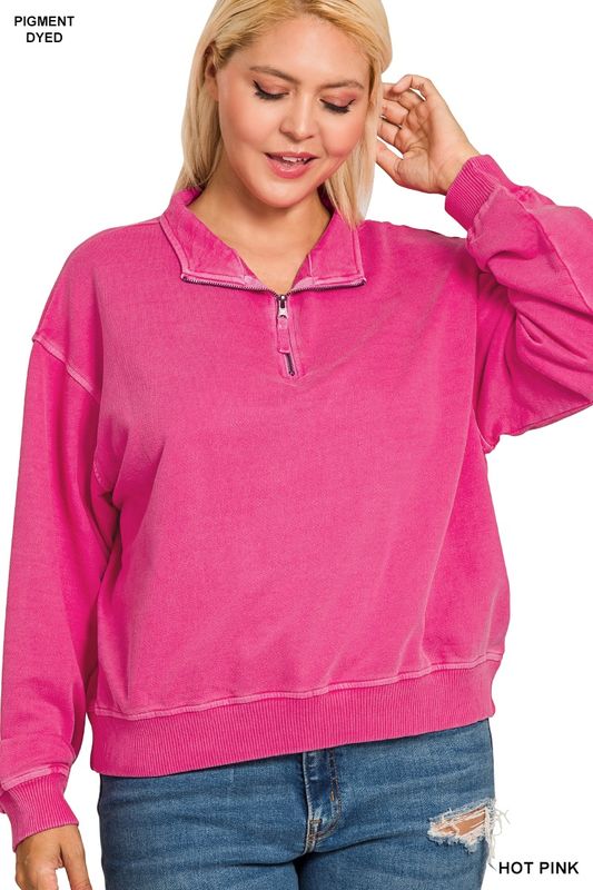 Plus f/terry pigment dye &amp; enzyme washed half zip pullover