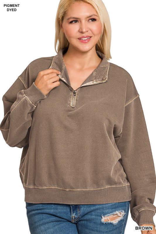 Plus f/terry pigment dye &amp; enzyme washed half zip pullover