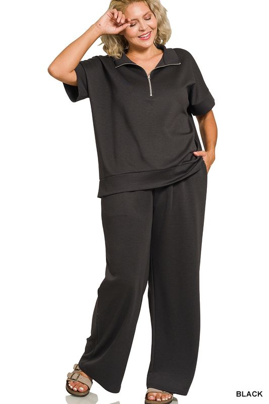 Plus scuba high neck half zip top &amp; pants set
