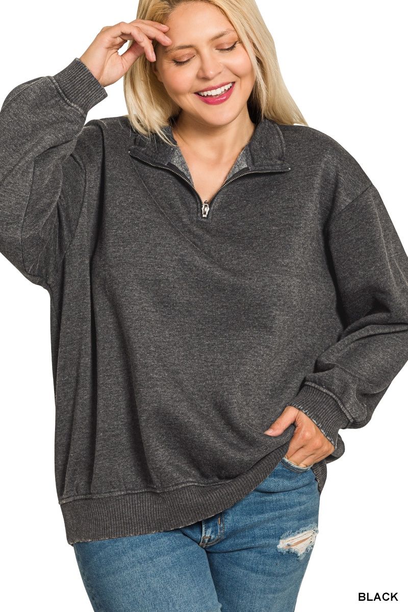 Plus acid wash fleece half zip pullover