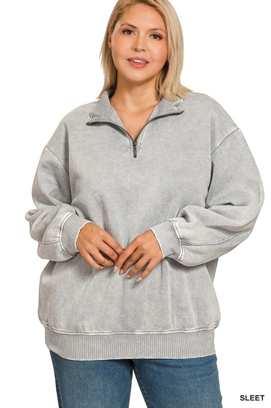 Plus acid wash fleece half zip pullover