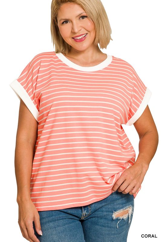 Plus contrast trim cap sleeve stripe tee