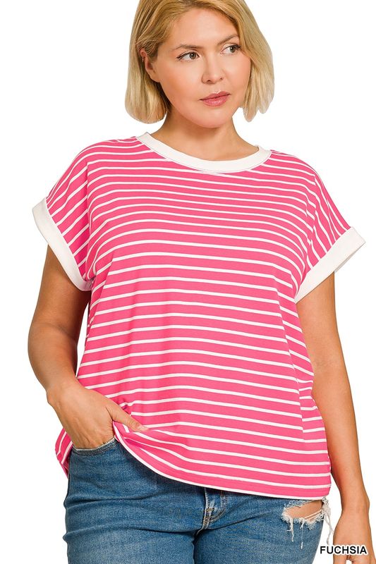 Plus contrast trim cap sleeve stripe tee