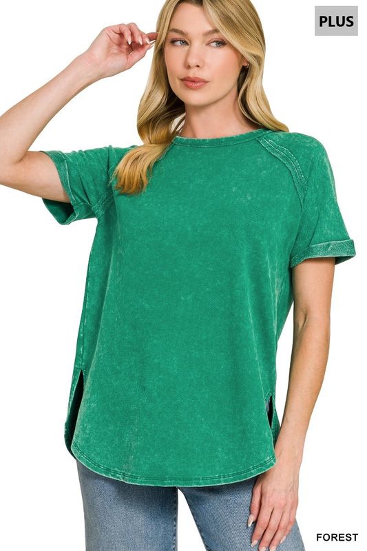 Plus french terry washed curved hem top