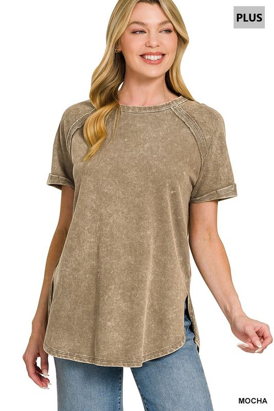 Plus french terry washed curved hem top
