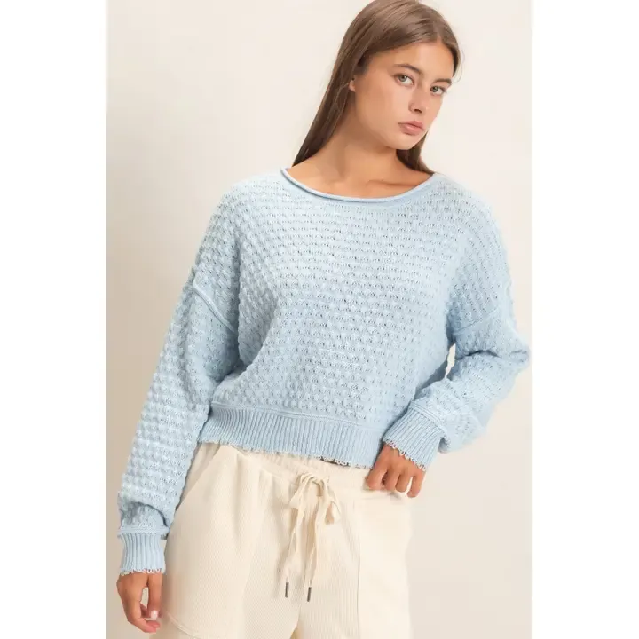 HYFVE Textured Ice Blue Boat Neck Sweater