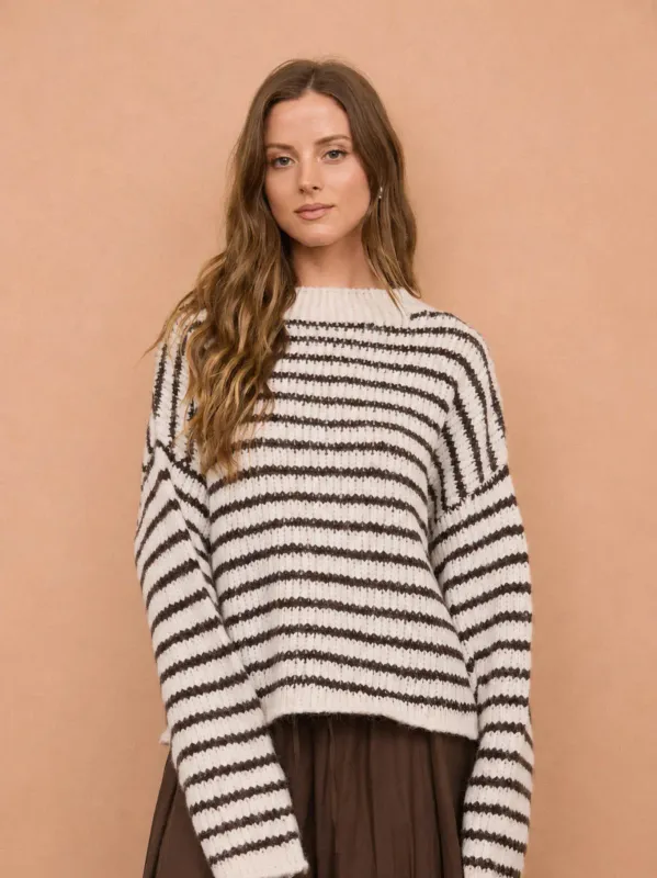 Blu Pepper Striped rolled edge Long Sleeve knit sweater- Ivory