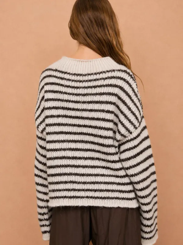 Blu Pepper Striped rolled edge Long Sleeve knit sweater- Ivory