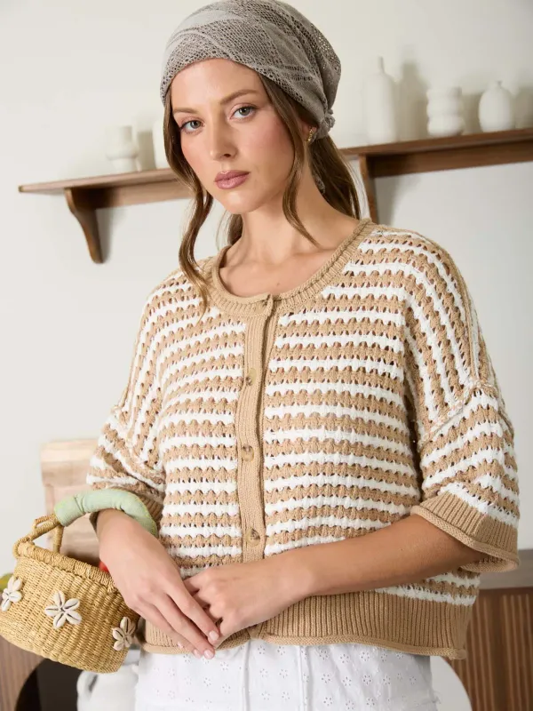 Blu Pepper Stripe short sleeve Crochet Knit Cardigan