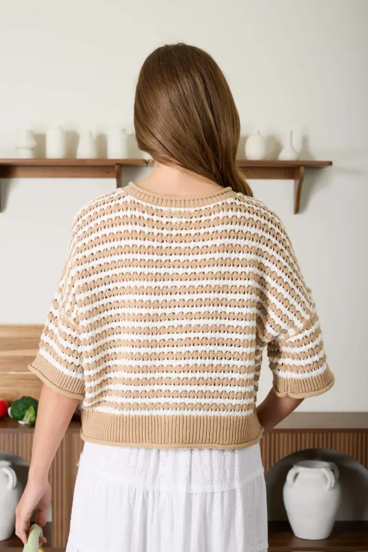 Blu Pepper Stripe short sleeve Crochet Knit Cardigan