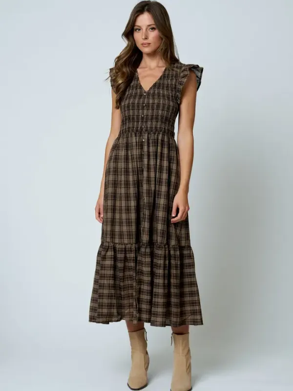 Plaid Smocked V Neck Button Down Ruffled Midi Dress
