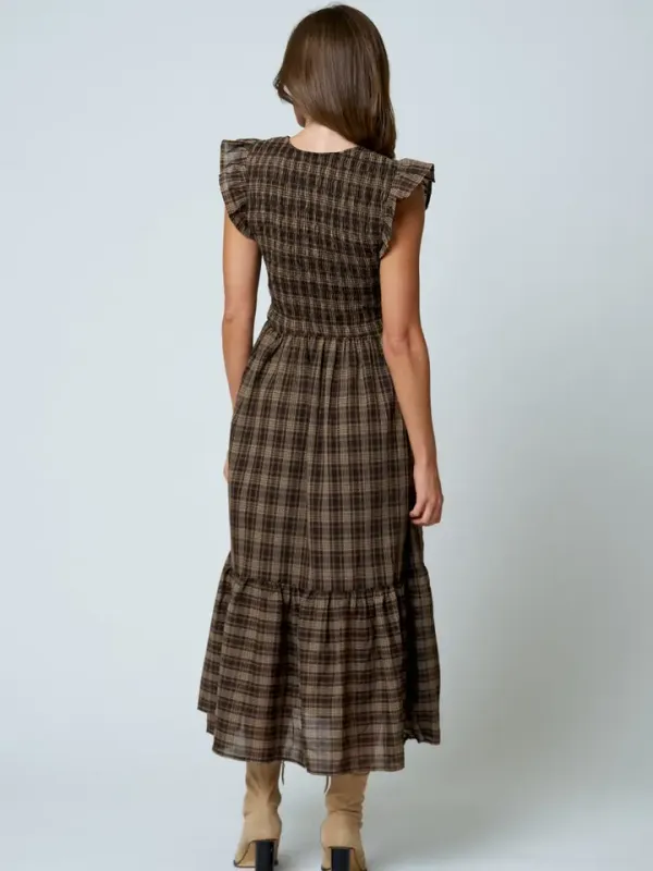 Plaid Smocked V Neck Button Down Ruffled Midi Dress