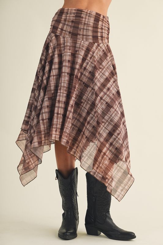 Shirred Yoke Geometric Plaid Skirt
