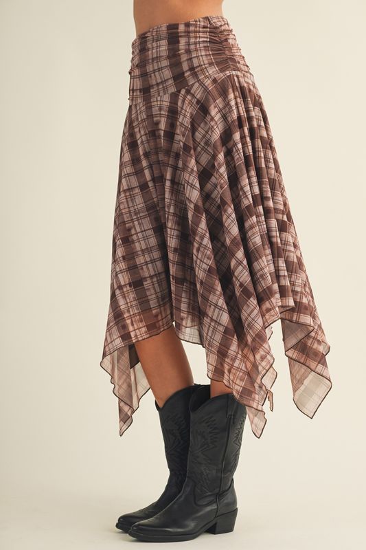 Shirred Yoke Geometric Plaid Skirt