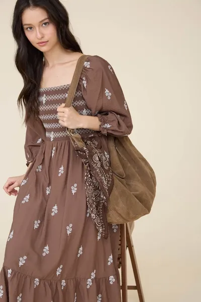 Floral Embroidery Long Sleeve Smocked Midi Dress