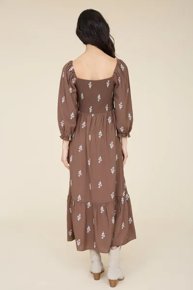 Floral Embroidery Long Sleeve Smocked Midi Dress