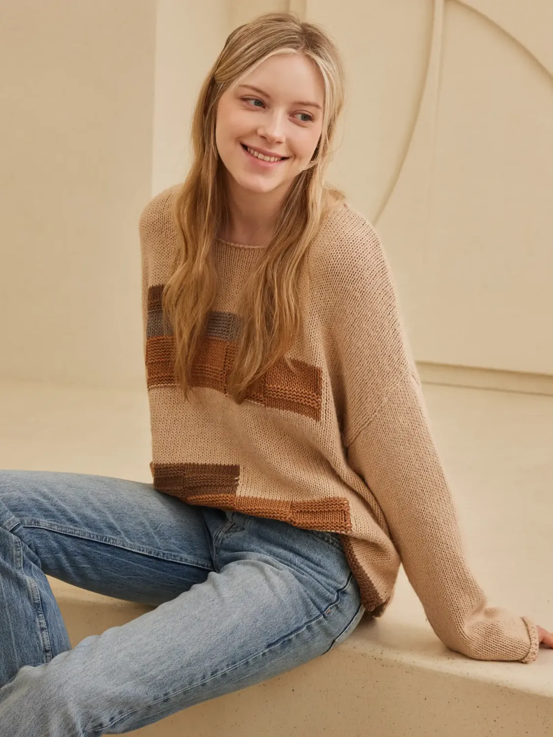 Raw Hem Obstract Print Boat Neck Knit Sweater