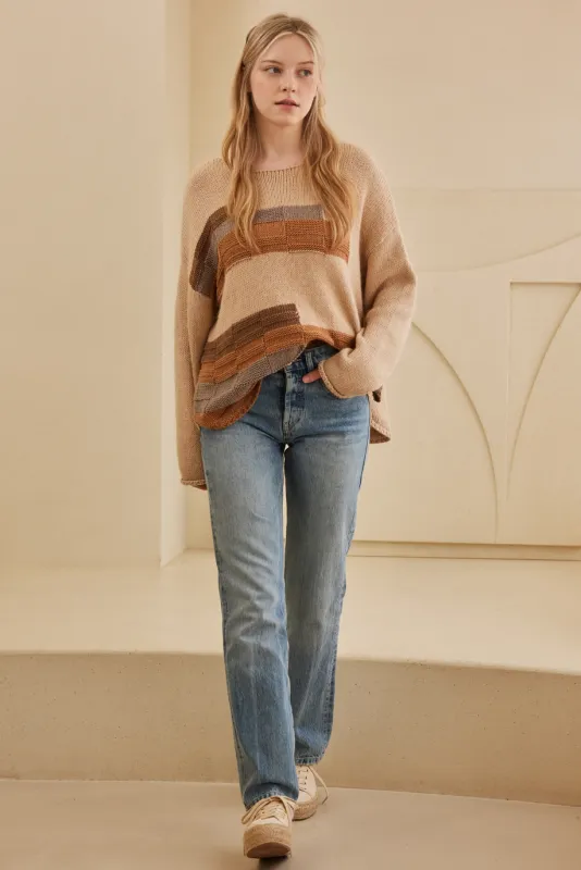 Raw Hem Obstract Print Boat Neck Knit Sweater