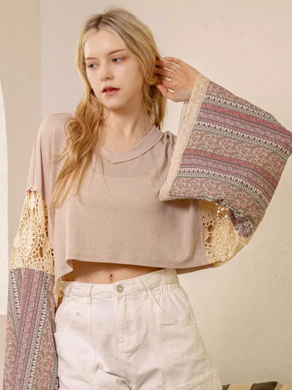 Lace and Patchwork Bell-Sleeve Crop Top