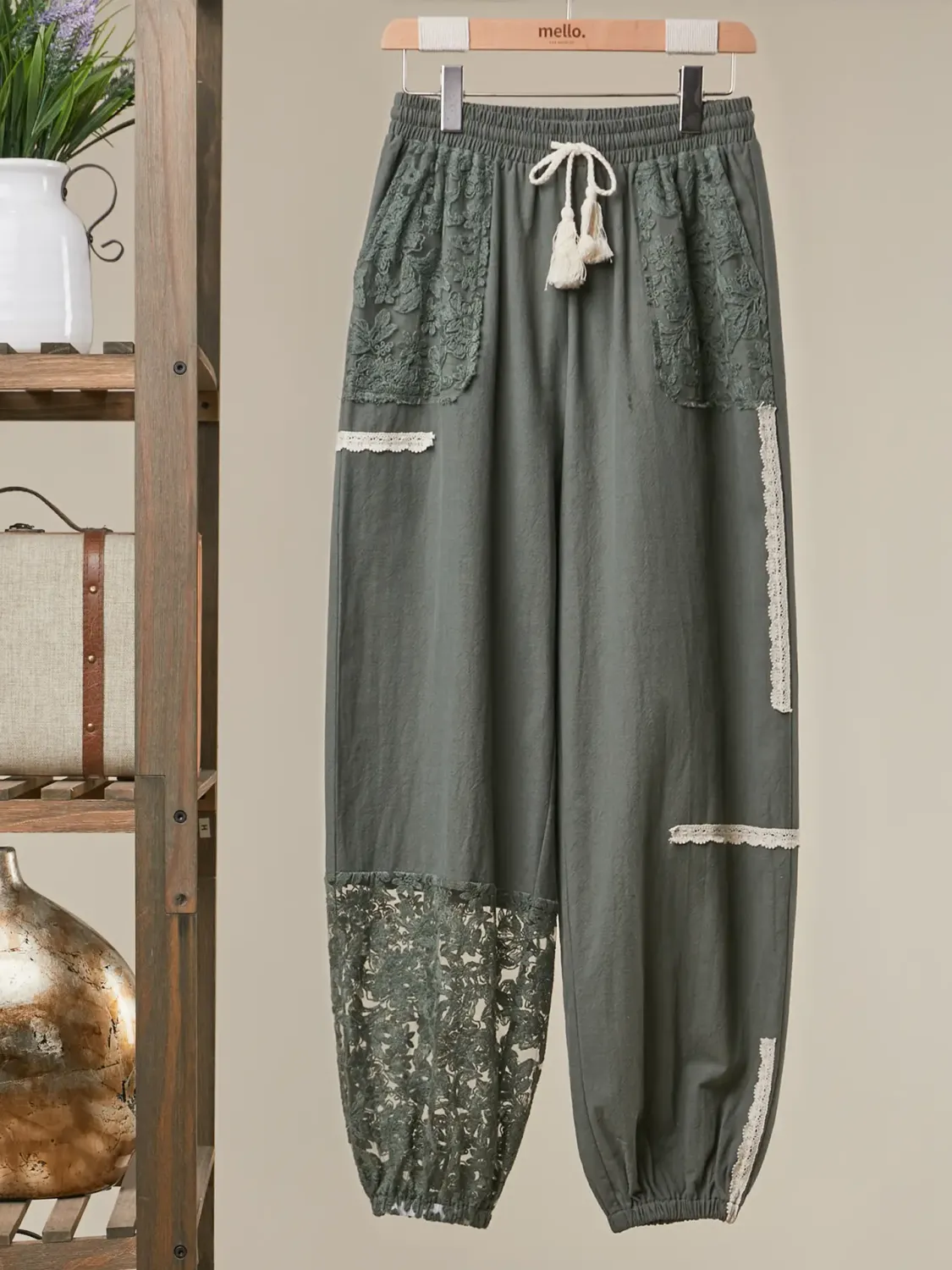 Lace Accents Patchwork Crochet Jogger Pants