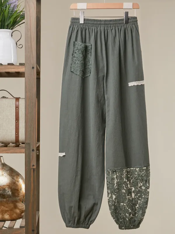 Lace Accents Patchwork Crochet Jogger Pants