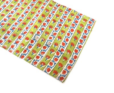 Green Floral Striped Hand Block Print Fabric, 100% Cotton