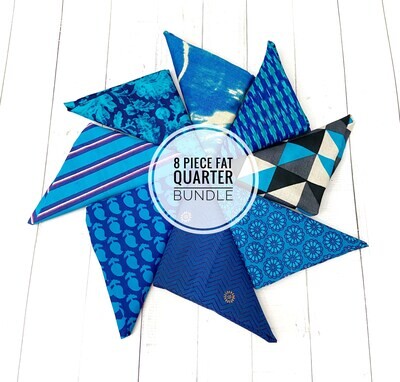 Blue Indian Block Print Fat Quarter Fabric Bundle,  8 pieces