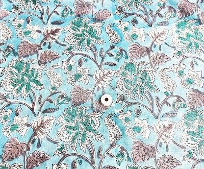 Floral Hand Block Print Cotton Fabric, Cotton Dress Materials, Teal Blue,  44 Inch Wide, Sold by Half Yard
