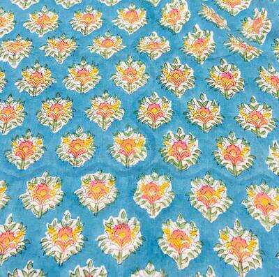 Teal Blue Small Floral Hand Block Print Cotton Fabric,