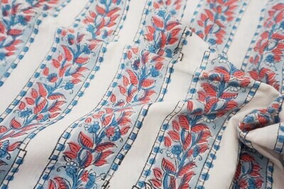 Floral Striped Hand Block Print  Cotton Fabric, Dress Making Sewing Quilting Crafting Fabric, 44 Inch Wide, Sold by Half Yard