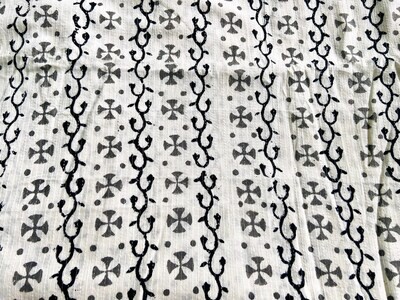 Black and White Hand Block Print Cotton Fabric, Floral Fabric for Dressmaking, Sewing, Quilting, 44 inches wide