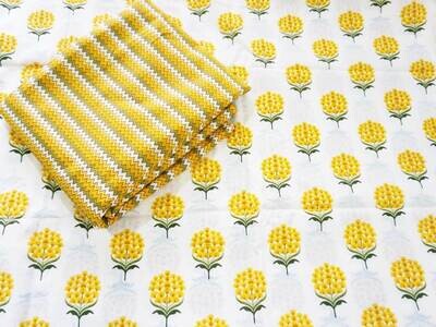Yellow White Unstitched Dress Materials for Women, Floral Chevron