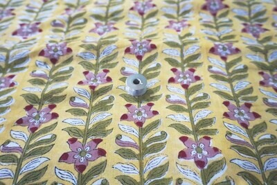 Yellow Green Climbers Floral Hand Block Print Cotton Dress Materials 44 Inch Wide