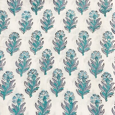 Blue Teal Floral Hand Block Print  Indian Cotton Fabric, Dress Making Sewing Quilting Crafting Fabric, 44 Inch Wide, Sold by Half Yard