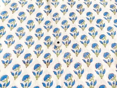 Blue Floral Hand Block Print Cotton Fabric for Dress Making, Sewing, Quilting, Crafting, 100% Cotton, 44 Inch Wide, Sold by Half Yard