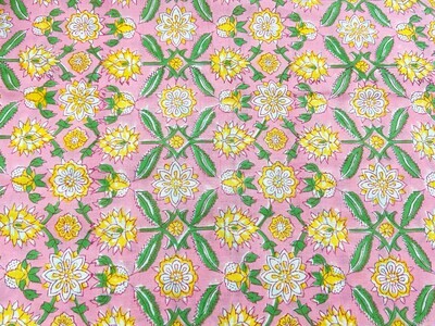 Pink  Floral Print  Indian Block Print Cotton Fabric, Sewing Quilting Crafting Fabric, 44 Inch Wide, Sold by Half Yard