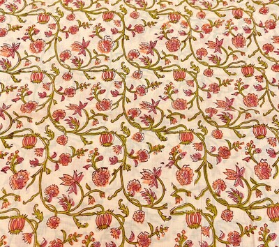 Orange Floral Indian Block Print Fabric, 100% Cotton Fabric, Lightweight, 44 Inches Wide, Sold by Half Yard