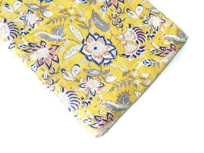 Yellow Floral Hand Block Print Cotton Fabric, Cotton Dress Materials, Lightweight Cotton,  44 Inch Wide
