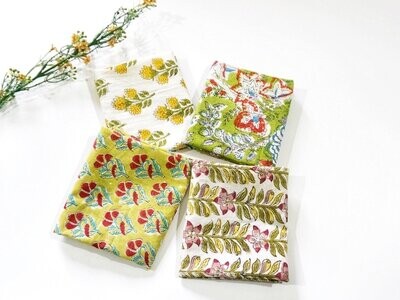 Green Floral Fat Quarter Fabric Bundle, Hand Block Print for Patchwork and Quilting, 4 pieces