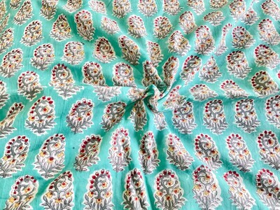 Hand Block Print Cotton Fabric, Dress Materials, Quilting Fabric, Medium Floral, Paisley Design, Mint Green, 44 Inch Wide,