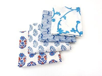 Blue White Fat Quarter Fabric Bundle for Patchwork and Quilting, Hand Block Print, 4 pieces