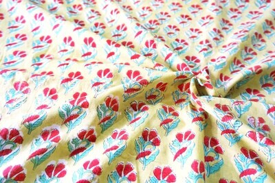 Mustard Green Floral Hand Block Print  Indian Cotton Fabric, Dress Making Sewing Quilting Crafting Fabric, 44 Inch Wide
