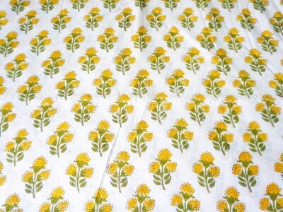 Hand Block Print Indian Cotton Fabric, Yellow Off White, Medium Floral, Lightweight Fabrics, 44 Inches Wide, Sold by Half Yard