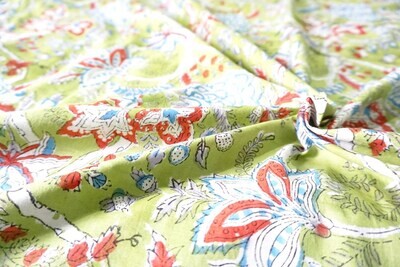 Green Floral Hand Block Print Cotton Fabric, Cotton Dress Materials, Lightweight Cotton,  44 Inch Wide